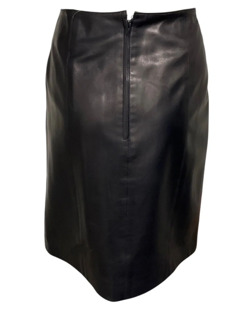 CHANEL VINTAGE 2001 DARK NAVY BLUE SILK LINED LAMBSKIN LEATHER SKIRT WITH LOGO P